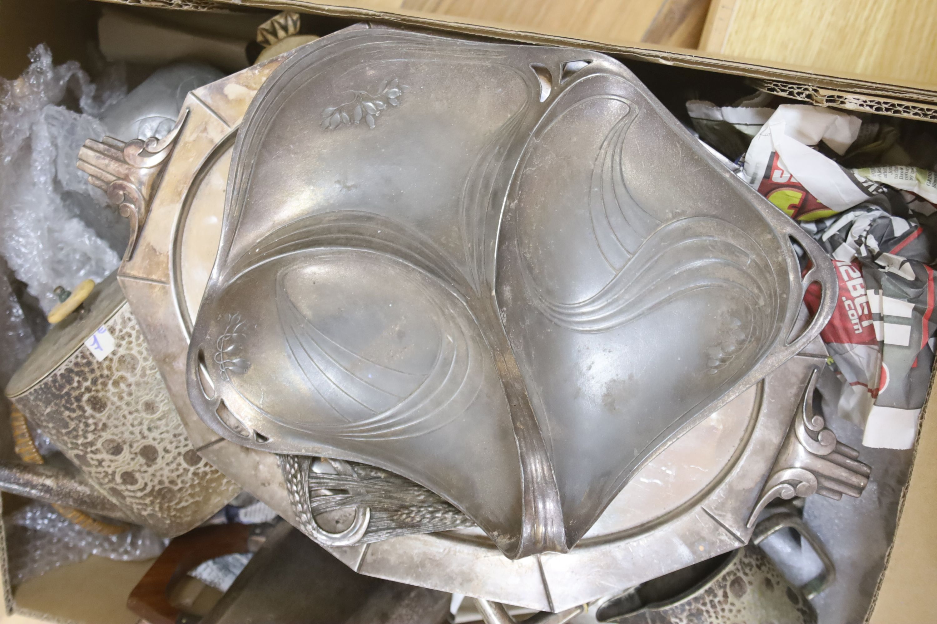 A quantity Art Nouveau, Art Deco style plated and pewter wares including Juventa etc.